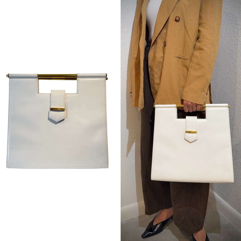 Vintage Yves Saint Laurent Logo Metal Bar Handle Leather Handbag 1980s-1990s